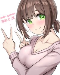 Rule 34 | 1girl, blush, breasts, brown hair, cardigan, cleavage, closed mouth, collarbone, double v, from side, green eyes, hands up, happy birthday, head tilt, highres, idolmaster, idolmaster cinderella girls, kibihimi, large breasts, long sleeves, looking at viewer, maekawa miku, pink cardigan, short ponytail, sidelocks, simple background, smile, solo, upper body, v, white background