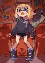 Rule 34 | 1girl, black shorts, blonde hair, blue eyes, bullying, crying, crying with eyes open, dolphin shorts, eyebrow cut, fangs, highres, inkling, inkling girl, inkling player character, locker, nintendo, noamem, open mouth, pointy ears, scared, shadow, shoes, shorts, single bare shoulder, smallfry (splatoon), sneakers, splatoon (series), splatoon 3, sweater, tears, tentacle hair, unworn headwear, wavy eyes