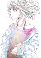 Rule 34 | 1girl, blue eyes, collarbone, commentary, grey hair, highres, idolmaster, idolmaster shiny colors, jacket, long sleeves, looking away, looking to the side, open clothes, open jacket, purple shirt, serizawa asahi, shirt, short hair, sketch, solo, upper body, white background, white jacket, wind, yae (mono110)