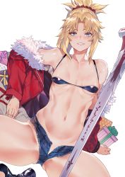 Rule 34 | 1girl, absurdres, bare shoulders, bikini, bikini top only, black footwear, blonde hair, blue eyes, blush, boots, box, breasts, clarent (fate), collarbone, cutoffs, denim, denim shorts, fate/apocrypha, fate (series), fur-trimmed jacket, fur trim, gift, gift box, grin, hair ornament, hair scrunchie, highres, jacket, long hair, looking at viewer, micro bikini, micro bikini top, micro shorts, mordred (fate), mordred (fate/apocrypha), navel, off shoulder, parted bangs, ponytail, red jacket, red scrunchie, scrunchie, shorts, sidelocks, simple background, small breasts, smile, solo, swimsuit, sword, thighs, tokopi, weapon, white background