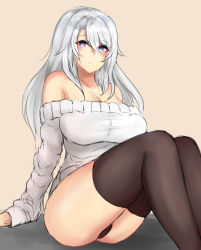 Rule 34 | 1girl, bare shoulders, black thighhighs, blue eyes, breasts, cleavage, grey background, highres, large breasts, long hair, looking at viewer, original, pink background, rakam (artist), simple background, sitting, solo, sweater, thighhighs, thighs, white hair