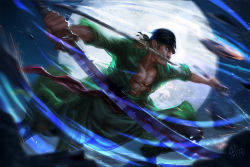 Rule 34 | 10s, 1boy, 2014, abs, bandana, battle, full moon, green hair, katana, male focus, moon, motion blur, mouth hold, one piece, richy truong, roronoa zoro, sash, scar, short hair, signature, solo, sparks, speed lines, stitches, sword, triple wielding, watermark, weapon, web address