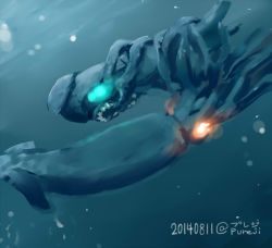 Rule 34 | 10s, 2014, abyssal ship, aqua eyes, dated, giant squid, glowing, glowing eyes, i-class destroyer, kantai collection, no humans, orange eyes, pureji oshou, squid, twitter username, underwater