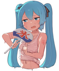 Rule 34 | 1girl, abmayo, arms up, bare shoulders, blush, border, breasts, collarbone, commentary, cropped torso, hair ornament, hand fan, hatsune miku, highres, holding, holding fan, long hair, navel, number tattoo, open mouth, outside border, paper fan, shirt, shoulder tattoo, sideways glance, simple background, small breasts, solo, stomach, sweat, tank top, tattoo, tied shirt, translated, twintails, uchiwa, upper body, vocaloid, white background, white border, white shirt