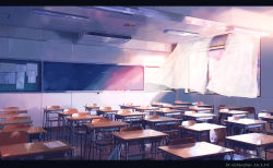 Rule 34 | absurdres, ceiling light, chair, chalkboard, classroom, curtains, dated, desk, highres, neon lights, no humans, open window, original, paper, school, school desk, signature, window, xi chen chen