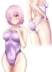Rule 34 | 1girl, absurdres, alternate costume, ass, breasts, collarbone, competition swimsuit, covered navel, cowboy shot, eyes visible through hair, fate/grand order, fate (series), hair over one eye, hibika, highleg, highleg swimsuit, highres, mash kyrielight, medium breasts, multiple views, one-piece swimsuit, purple eyes, purple hair, purple one-piece swimsuit, short hair, swimsuit, white background