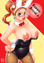 Rule 34 | 1girl, :p, alternate costume, animal ears, blush, breasts, brown eyes, cameltoe, character name, cleavage, dragon quest, dragon quest viii, fake animal ears, fishnet pantyhose, fishnets, huge breasts, jessica albert, large areolae, leotard, nipples, pantyhose, playboy bunny, rabbit ears, red hair, shinozuka jouji, solo, square enix, tongue, tongue out, twintails