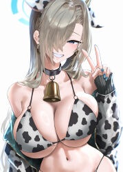 Rule 34 | 1girl, absurdres, animal ears, animal print, asuna (blue archive), bare shoulders, bell, bikini, blue archive, blue eyes, blue ribbon, blush, breasts, cleavage, collarbone, cow ears, cow horns, cow print, cow print bikini, cowbell, earrings, fake horns, grin, hair over one eye, hair ribbon, halo, highres, horns, jacket, jewelry, kazane-wind, large breasts, light brown hair, long hair, long sleeves, looking at viewer, navel, neck bell, off shoulder, open clothes, open jacket, print bikini, ribbon, smile, solo, swimsuit, v, very long hair, white bikini, white jacket