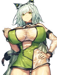 Rule 34 | 1girl, alternate breast size, animal ear fluff, animal ears, arknights, bare shoulders, breasts, cat ears, closed mouth, covered erect nipples, cowboy shot, detached sleeves, diagonal bangs, dress, green dress, green eyes, green hair, green jacket, halter dress, halterneck, hand on own hip, highres, huge breasts, jacket, kal&#039;tsit (arknights), looking at viewer, medium hair, melon22, open clothes, open jacket, see-through, shiny clothes, short dress, simple background, solo, standing, taut clothes, taut dress, white background