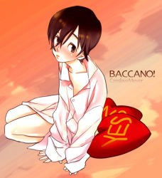 Rule 34 | 00s, 1boy, androgynous, arm support, baccano!, brown eyes, brown hair, czeslaw meyer, heart, heart-shaped pillow, kumonosuke, male focus, no, pajamas, pillow, sitting, solo, yes, yes-no pillow
