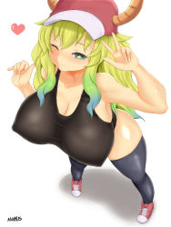Rule 34 | 1girl, baseball cap, black thighhighs, blonde hair, blush, breasts, cleavage, dragon horns, from above, gradient hair, green hair, hat, heart, highres, horns, huge breasts, kobayashi-san chi no maidragon, long hair, lucoa (maidragon), morris1611, multicolored hair, one eye closed, simple background, smile, solo, tank top, thighhighs, v, white background