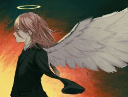 Rule 34 | 1boy, angel devil (chainsaw man), angel wings, black jacket, black necktie, bonjindaaa, brown hair, chainsaw man, collared shirt, formal, gradient background, halo, highres, jacket, long hair, looking to the side, necktie, shirt, solo, suit, suit jacket, white shirt, white wings, wings