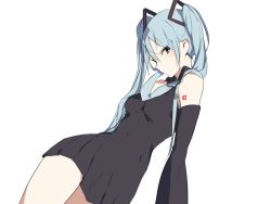 Rule 34 | 1girl, black dress, blue eyes, blue hair, blue necktie, collar, covered navel, detached sleeves, dress, hair between eyes, hatsune miku, headgear, long hair, long sleeves, looking at viewer, lpip, matching hair/eyes, mouth hold, necktie, simple background, sleeveless, sleeveless dress, solo, thighs, tsurime, twintails, vocaloid, white background