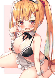 Rule 34 | 1girl, apron, asa no ha (awayuki), bikini, black bikini, black bow, black bowtie, bow, bowtie, breasts, brown eyes, brown hair, cleavage, detached collar, hair ornament, hairclip, highres, holding, holding own hair, large breasts, long hair, maid, maid bikini, maid headdress, navel, open mouth, original, pink background, simple background, sitting, solo, swimsuit, thighs, twintails, unconventional maid, waist apron, white apron, wrist cuffs