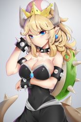 Rule 34 | 1girl, absurdres, arm under breasts, armlet, bare shoulders, black dress, black nails, blonde hair, blue eyes, bowsette, bracelet, breasts, cleavage, closed mouth, collar, collarbone, commentary, covered navel, crown, dress, earrings, english commentary, eyes visible through hair, glint, grey background, hand in own hair, hand up, highres, horns, huge filesize, jewelry, large breasts, long hair, looking at viewer, mario (series), nail polish, new super mario bros. u deluxe, nintendo, pointy ears, pout, simple background, solo, spiked armlet, spiked bracelet, spiked collar, spiked shell, spiked tail, spikes, strapless, strapless dress, super crown, tail, tsukimaru, turtle shell, v-shaped eyebrows