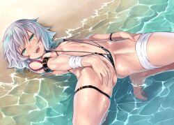 Rule 34 | 1girl, absurdres, ass, bandaged arm, bandages, beach, bikini, blush, breasts, cleft of venus, day, facial scar, fate/apocrypha, fate/grand order, fate (series), green eyes, grey hair, highres, jack the ripper (fate/apocrypha), looking at viewer, navel, open mouth, orochi itto, outdoors, scar, scar across eye, scar on cheek, scar on face, short hair, shoulder tattoo, small breasts, smile, solo, spread legs, swimsuit, tattoo, thigh strap, water, wet