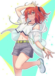 Rule 34 | 1girl, arm up, belt, belt buckle, black scrunchie, brown eyes, buckle, closed mouth, collarbone, crop top, fate/grand order, fate (series), floating hair, fujimaru ritsuka (female), fujimaru ritsuka (female) (summer street), green belt, grey shorts, hair between eyes, hair ornament, hair scrunchie, hood, hood down, hooded jacket, jacket, long hair, midriff, navel, open clothes, open jacket, orange hair, scrunchie, short shorts, short sleeves, shorts, side ponytail, smile, solo, standing, standing on one leg, stomach, tank top, watch, white footwear, white jacket, white tank top, wristwatch, zanshi