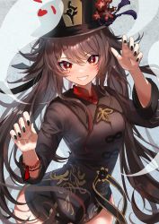 Rule 34 | 1girl, black hat, black nails, black shorts, blush, breasts, brooch, brown hair, collared coat, collared shirt, colored tips, commentary request, flower, flower-shaped pupils, genshin impact, ghost, hat, hat flower, hat ornament, highres, hominamia, hu tao (genshin impact), jewelry, long hair, long sleeves, looking at viewer, multicolored hair, nail polish, open mouth, plum blossoms, porkpie hat, red eyes, red shirt, shirt, shorts, smile, solo, symbol-shaped pupils, talisman, tassel, twintails, very long hair