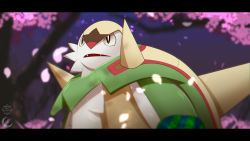 Rule 34 | absurdres, blurry, brown eyes, chesnaught, commentary request, creatures (company), crescent, fangs, game freak, gen 6 pokemon, highres, letterboxed, looking up, mizunogoke, nintendo, no humans, open mouth, petals, pokemon, pokemon (creature), solo, watermark