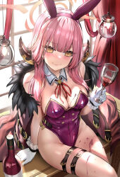 Rule 34 | 1girl, animal ears, aru (blue archive), blue archive, blush, bottle, breasts, cleavage, coat, coat on shoulders, cup, curtains, detached collar, drinking glass, embarrassed, fake animal ears, fur-trimmed coat, fur trim, gloves, hairband, halo, highres, himonoata, horns, leotard, medium breasts, neck ribbon, pink hair, playboy bunny, rabbit ears, ribbon, sitting, smile, solo, spill, thigh strap, wavy mouth, white gloves, window, wine bottle, wine glass, yellow eyes
