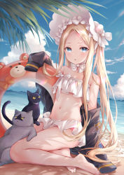 Rule 34 | 1girl, abigail williams (fate), abigail williams (swimsuit foreigner) (fate), abigail williams (swimsuit foreigner) (third ascension) (fate), annoyed, bare legs, bare shoulders, barefoot, beach, bikini, bikini skirt, black cat, black jacket, blonde hair, blue eyes, blush, bow, breasts, cat, collarbone, commentary request, day, fate/grand order, fate (series), hair bow, higeneko, highres, innertube, innertube with ears, jacket, long hair, long sleeves, looking at viewer, md5 mismatch, multiple hair bows, navel, ocean, off shoulder, outdoors, parted bangs, resolution mismatch, sitting, solo, source larger, stomach, swim ring, swimsuit, very long hair, white bow
