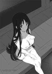 Rule 34 | 1girl, akiyama mio, alternate breast size, black hair, blush, breasts, cleavage, closed mouth, collarbone, dated, from above, greyscale, hair between eyes, hand on own chest, hand on own thigh, hime cut, k-on!, large breasts, long hair, looking at viewer, looking up, monochrome, onsen, sketch, soaking feet, solo, towel, water, zjm530280188