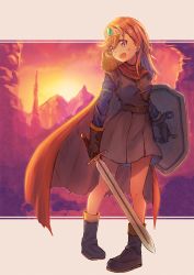 Rule 34 | 1girl, bird, black footwear, black gloves, blush, boots, cape, commentary request, gloves, highres, holding, holding shield, holding sword, holding weapon, love live!, love live! superstar!!, macken, medium hair, open mouth, orange hair, owl, purple eyes, red cape, shibuya kanon, shield, smile, solo, sword, tiara, weapon