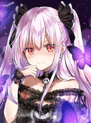 Rule 34 | 1girl, animal, bare shoulders, black dress, black ribbon, bug, butterfly, chain, closed mouth, dress, earrings, glowing, hair ribbon, hand up, highres, hololive, insect, jewelry, long hair, looking at viewer, magatama, magatama earrings, myusha, off-shoulder dress, off shoulder, pink hair, red eyes, ribbon, signature, skull, smile, solo, two side up, upper body, uruha rushia, uruha rushia (3rd costume), virtual youtuber, wrist cuffs