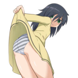 Rule 34 | 1girl, absurdres, artist request, ass, black hair, clothes lift, commentary, commentary request, dress, dress lift, green eyes, grin, highres, kuroki tomoko, lifted by self, long hair, looking at viewer, non-web source, panties, smile, source request, striped clothes, striped panties, underwear, watashi ga motenai no wa dou kangaetemo omaera ga warui!
