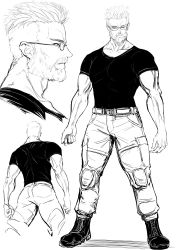 Rule 34 | beard, belt, black shirt, boots, character sheet, commentary, facial hair, facing viewer, fate/grand order, fate (series), from behind, from side, glasses, greyscale, highres, imizu (nitro unknown), male focus, monochrome, muscular, pants, shirt, simple background, sketch, white background, william tell (fate)