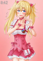 Rule 34 | 1girl, anti (untea9), blonde hair, blue eyes, blush, breasts, choker, clock, cosplay, cowboy shot, crying, cure peach, cure peach (cosplay), dress, fresh precure!, gambier bay (kancolle), gradient background, hair between eyes, hair ornament, heart, heart hair ornament, heart hands, highres, kantai collection, large breasts, magical girl, open mouth, pink background, pink choker, pink dress, pink theme, pouch, precure, puffy short sleeves, puffy sleeves, short sleeves, solo, sweatdrop, twintails, two-tone dress, wavy mouth, white dress