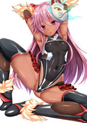 Rule 34 | 1girl, armpits, arms behind head, arms up, black thighhighs, breasts, cosplay, covered erect nipples, covered navel, ebi 193, fishnets, fox mask, fur, gluteal fold, hata no kokoro, highres, long hair, looking at viewer, mask, medium breasts, mizuki yukikaze (cosplay), open mouth, partially visible vulva, pink eyes, pink hair, simple background, small breasts, solo, spread legs, taimanin (series), taimanin asagi, taimanin suit, taimanin yukikaze, tan, thighhighs, touhou, white background