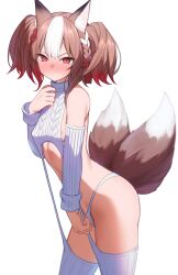 1girl absurdres alternate_costume animal_ear_fluff animal_ears blush braid breasts brown_hair cable_knit chinese_knot commission cowboy_shot cropped_sweater detached_sleeves dot_nose fox_ears fox_girl fox_tail full-face_blush garter_straps gradient_hair hair_ornament highres looking_at_viewer meme_attire multicolored_hair multiple_tails nipple_slip nipples paid_reward_available panties red_eyes red_hair ribbed_legwear ribbed_panties ribbed_sleeves ribbed_sweater sekka_(shadowverse) shadowverse shirotategosha side_braid sideboob skeb_commission sleeveless sleeveless_sweater sleeveless_turtleneck small_breasts solo sweater tail tassel tassel_hair_ornament turtleneck turtleneck_sweater twintails underwear virgin_destroyer_sweater white_background white_garter_straps white_hair white_panties white_sweater