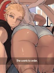 Rule 34 | 1boy, 1girl, :/, absurdres, animal ears, artist name, ass, black shirt, blonde hair, boku no hero academia, car interior, clothing cutout, commentary, dark-skinned female, dark skin, denim, denim shorts, drive-thru, ear piercing, english commentary, english text, facial hair, hawks (boku no hero academia), he wants to order (meme), highres, leaning over, long hair, looking at viewer, lying on person, meme, mirko, mossausage, piercing, rabbit ears, rabbit girl, rabbit tail, red wings, selfie, shirt, short hair, short shorts, shorts, snapchat, stubble, tail, tail through clothes, thick thighs, thighs, very long hair, white hair, white shirt, wings, yellow eyes
