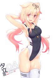 Rule 34 | 1girl, :d, armpits, arms up, black one-piece swimsuit, blonde hair, blush, breasts, character name, collarbone, competition swimsuit, dan (kumadan), hair between eyes, hair flaps, hair ornament, hair ribbon, hairclip, heart, highleg, highleg swimsuit, highres, kantai collection, lips, long hair, looking at viewer, low twintails, medium breasts, one-piece swimsuit, open mouth, red eyes, ribbon, sideboob, simple background, skindentation, smile, solo, swimsuit, thighhighs, twintails, whistle, whistle around neck, white background, white thighhighs, yuudachi (kancolle), yuudachi kai ni (kancolle)