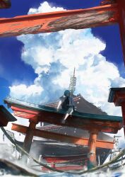Rule 34 | 1girl, absurdres, architecture, arm support, banner, black footwear, black shirt, black shorts, blue hair, blue sky, blurry, blurry foreground, breasts, building, cloud, commentary request, cumulonimbus cloud, day, east asian architecture, film grain, gyoukan (jfxc), highres, jacket, medium breasts, multiple torii, open clothes, open jacket, orange eyes, original, outdoors, pagoda, rope, ruins, scenery, shade, shimenawa, shirt, short hair, shorts, shrine, sky, solo, sunlight, torii, two-tone shorts, white jacket, white shorts, wide shot