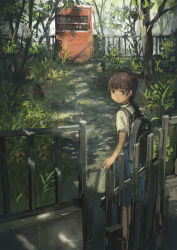 Rule 34 | 1girl, abandoned, absurdres, anko1127, backpack, bag, blue skirt, bright pupils, brown eyes, brown hair, closing, commentary request, dappled sunlight, day, expressionless, fence, from behind, gate, grass, highres, iron fence, looking back, original, outdoors, path, pleated skirt, road, rope, scenery, shimenawa, shirt, short sleeves, shrine, skirt, solo, sunlight, vending machine, white shirt