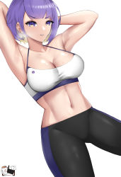 Rule 34 | 1girl, absurdres, armpits, arms up, blonde hair, breasts, cleavage, dynorz, earrings, highres, hololive, hololive indonesia, jewelry, medium breasts, midriff, moona hoshinova, multicolored hair, navel, pants, parted lips, purple eyes, purple hair, short hair, simple background, solo, sports bra, sweat, virtual youtuber, yoga pants