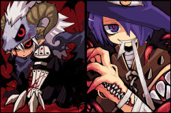 Rule 34 | 2boys, armor, assassin cross (ragnarok online), bandaged arm, bandages, black cape, black pants, black scarf, black sclera, black shirt, blood, blood on face, brown cape, cape, claw (weapon), claws, colored sclera, commentary request, creator (ragnarok online), demon horns, emon-yu, extra teeth, grin, hair between eyes, hair over one eye, hat, horns, kneeling, living clothes, long hair, looking at viewer, male focus, mouth hold, multiple boys, open mouth, pants, pauldrons, pointy ears, purple eyes, purple hair, purple headwear, ragnarok online, red eyes, scarf, shirt, short hair, shoulder armor, skull, skull on head, smile, teeth, torn cape, torn clothes, torn scarf, upper body, vambraces, waist cape, weapon, white hair, witch hat