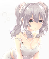 Rule 34 | 10s, 1girl, black eyes, breasts, cleavage, collarbone, hair ornament, highres, inushi, kantai collection, kashima (kancolle), long hair, looking at viewer, shirt, silver hair, simple background, solo, twintails, white background, white shirt