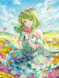 Rule 34 | 1girl, alternate costume, blue sky, bow, cloud, copyright name, cross-laced clothes, cross-laced dress, daisy, detached sleeves, dress, flower, frilled dress, frills, gloves, green bow, green dress, green eyes, green gloves, green hair, grin, head wreath, holding, holding flower, morinaka kazaki, nijisanji, nokachoco114, petals, petit fleurs outfit, pink flower, puffy short sleeves, puffy sleeves, purple flower, sample watermark, short sleeves, sidelocks, sky, smile, solo, swept bangs, teeth, virtual youtuber, watermark, yellow flower