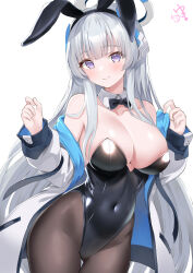 Rule 34 | 1girl, absurdres, alternate costume, animal ears, black leotard, blue archive, blunt bangs, bow, bowtie, breasts, cleavage, collarbone, covered navel, cowboy shot, detached collar, fake animal ears, grey hair, halo, highleg, highleg leotard, highres, jacket, large breasts, leotard, long hair, mechanical halo, noa (blue archive), pantyhose, playboy bunny, purple eyes, rabbit ears, snow-yuuki, solo, strapless, strapless leotard, thigh gap, traditional bowtie, two-sided fabric, two-sided jacket