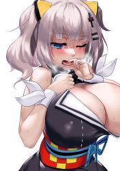 Rule 34 | 1girl, bare shoulders, blue eyes, blush, breasts, cleavage, commentary request, drooling, huge breasts, kaguya luna, long hair, one breast out, one eye closed, open mouth, out-of-frame censoring, raised eyebrows, silver hair, simple background, solo, the moon studio, tomiokasena, twintails, virtual youtuber, white background