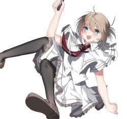 Rule 34 | 1girl, :d, aqua eyes, black thighhighs, blush, brown hair, capelet, commentary, cross print, eyes visible through hair, fang, floating clothes, frilled skirt, frills, hair between eyes, hand up, highres, looking at viewer, medium hair, necktie, open mouth, red necktie, sb (akagikeai), school uniform, shirt, simple background, skin fang, skirt, smile, solo, subarashiki hibi, tachibana kimika, thighhighs, white background, white capelet, white shirt