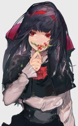 Rule 34 | 1girl, bad id, bad twitter id, black hair, blunt bangs, chikage (chi g0), commentary, covering own mouth, grey background, hairband, highres, holding, long hair, long sleeves, looking away, looking to the side, original, red eyes, red hairband, simple background, solo, standing, upper body