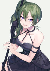 Rule 34 | 1girl, black dress, black gloves, breasts, closed mouth, dress, gloves, green hair, hair between eyes, holding, holding weapon, long hair, medium breasts, ponytail, smile, solo, sousou no frieren, ubel (sousou no frieren), weapon, yamigo