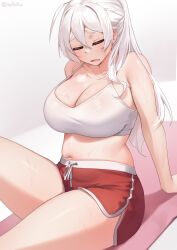 Rule 34 | 1girl, ahoge, bare shoulders, blush, breasts, cleavage, closed eyes, collarbone, dolphin shorts, highres, iwbitu, large breasts, long hair, navel, nyopu, open mouth, original, ponytail, red shorts, shorts, sitting, solo, sports bra, thick thighs, thighs, white hair, white sports bra
