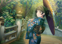 Rule 34 | 1girl, absurdres, al aoi aoba, black hair, blue kimono, bridge, brown eyes, closed mouth, commentary request, hair up, hazuki ren, highres, holding, holding umbrella, huge filesize, japanese clothes, kimono, looking to the side, love live!, love live! superstar!!, obi, oil-paper umbrella, sash, smile, solo, tree, umbrella, upper body