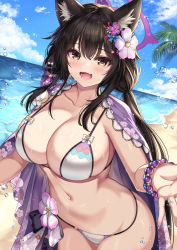 Rule 34 | 1girl, :d, absurdres, animal ears, armpit crease, bare shoulders, beach, bead bracelet, beads, bikini, black hair, blue archive, bracelet, breasts, cape, cenangam, cleavage, collarbone, cowboy shot, day, fang, flower, fox ears, hair flower, hair ornament, halo, highres, jewelry, large breasts, long hair, looking at viewer, low twintails, navel, ocean, official alternate costume, open mouth, orange eyes, outdoors, smile, solo, standing, stomach, string bikini, swimsuit, thighs, twintails, wakamo (blue archive), wakamo (swimsuit) (blue archive), wet, white bikini