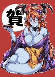 Rule 34 | 1girl, ahoge, alternate costume, alternate hairstyle, bare shoulders, blue eyes, blue skin, blush, breasts, cleavage, collarbone, colored skin, cup, demon girl, demon horns, floral print, hair ornament, halo, hera (p&amp;d), holding, horns, japanese clothes, kimono, large breasts, long hair, long sleeves, mushi024, off shoulder, open mouth, orange hair, outline, pointy ears, puzzle &amp; dragons, sakazuki, sitting, sleeves past wrists, socks, solo, wide sleeves, yokozuwari